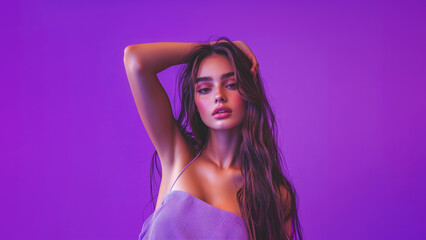 Confident young woman with long hair in front of purple backdrop