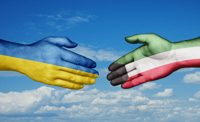 Kuwait and Ukraine country handshaking with flags, consensus concept international co-operation illustration