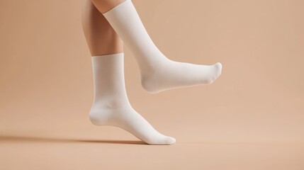 White cotton socks worn by a person dancing on a light background