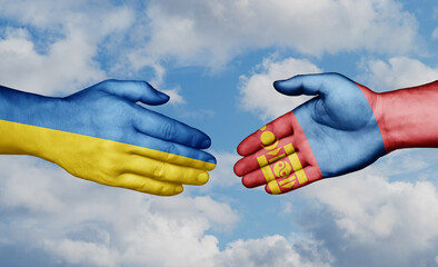 Mongolia and Ukraine country handshaking with flags, consensus concept international co-operation illustration