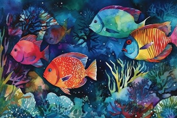 Fototapeta premium Colorful underwater scene with vibrant fish and coral reefs.