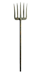 A rustic pitchfork rests isolated on a white transparent  background PNG