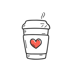 A simple doodle-style coffee cup with a red heart icon on it. Perfect for coffee shop branding, or love-themed illustrations.