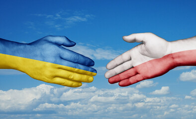 Poland and Ukraine country handshaking with flags, consensus concept international co-operation illustration