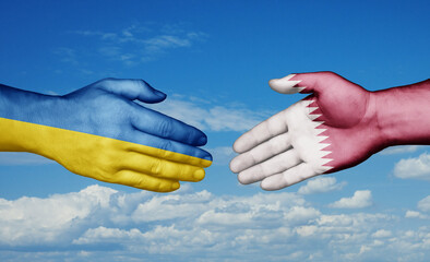 Qatar and Ukraine country handshaking with flags, consensus concept international co-operation illustration