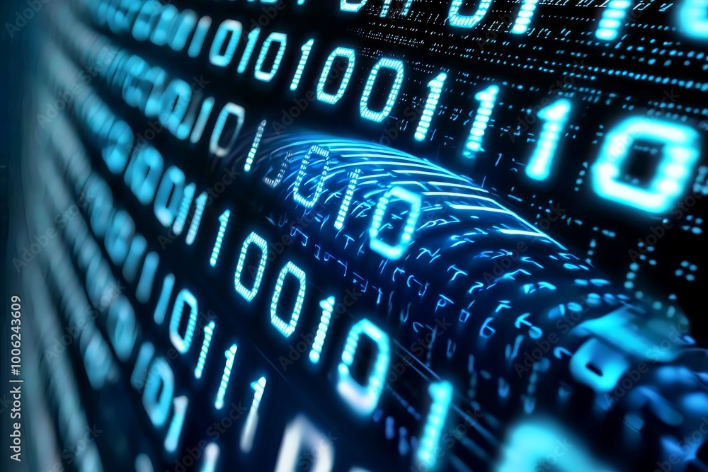 Poster on a computer screen background, there is blue digital binary data