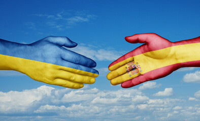 Spain and Ukraine country handshaking with flags, consensus concept international co-operation illustration