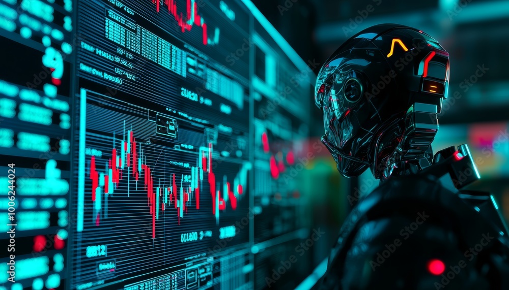 Poster a robot in a control room, monitoring market volatility with multiple digital charts showing fluctua