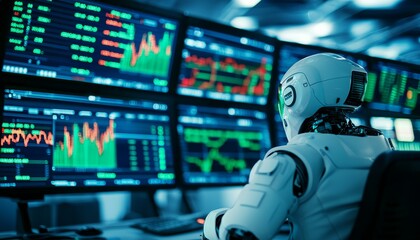 A robot in a control room, monitoring market volatility with multiple digital charts showing fluctuating stock values