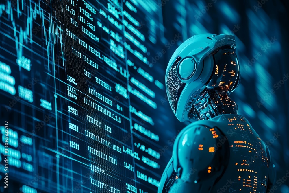 Aufkleber a robot trader monitoring stock prices on a giant digital wall filled with graphs, numbers, and mark