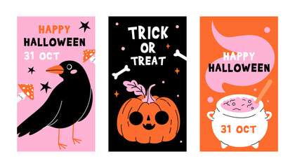Set of Halloween trendy cards. Trendy and funny characters. Cute vector poster set for postcard, flyer, banner. Vector illustration in flat style