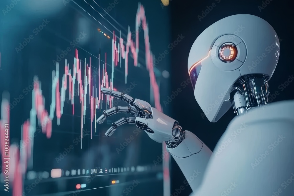 Poster a robotic financial advisor explaining investment strategies to a client using a holographic stock m