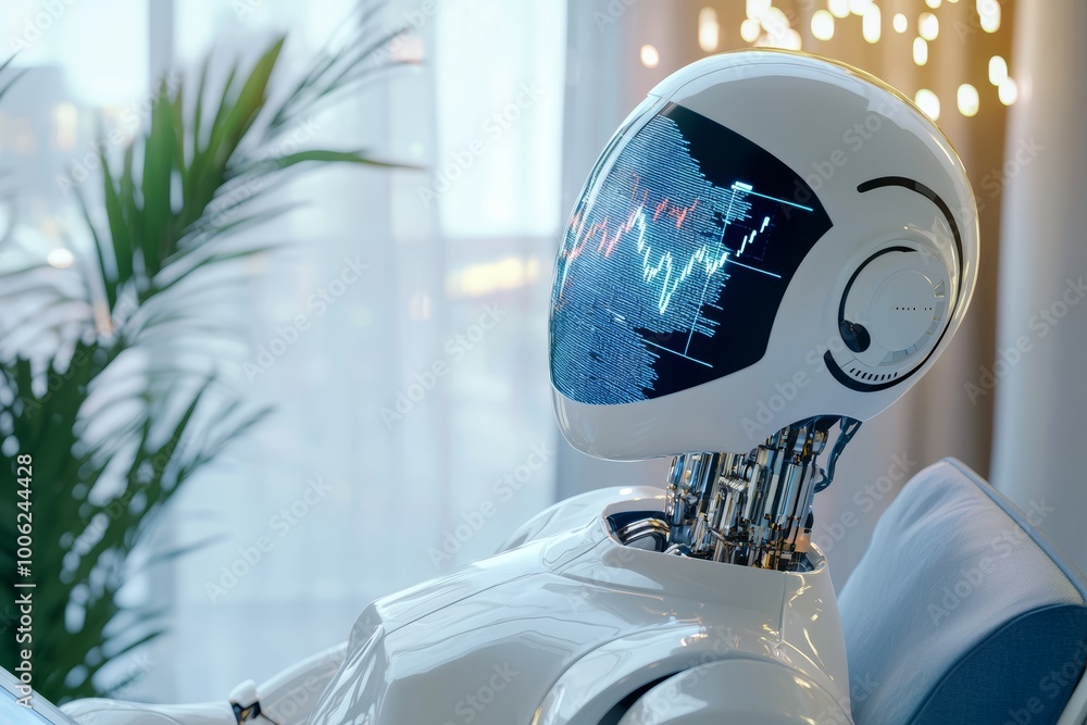 Poster a robotic financial advisor explaining investment strategies to a client using a holographic stock m