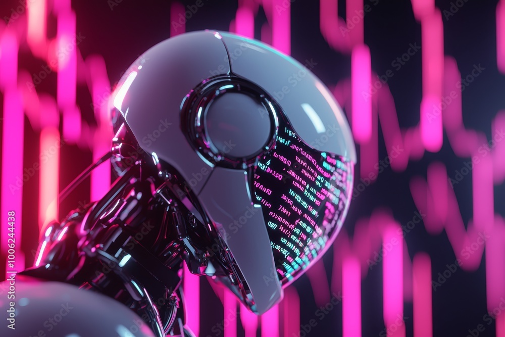 Poster a robotic financial advisor explaining investment strategies to a client using a holographic stock m