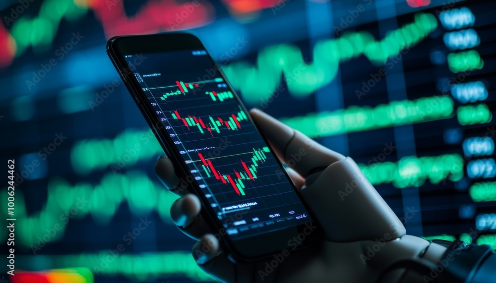 Aufkleber a robotic hand holding a smartphone displaying a live stock market chart, with numbers and graphs in