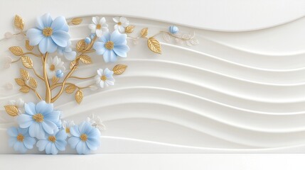 Background illustration of a gold and royal blue floral tree with leaves and flowers hanging from branches. Abstract wallpaper for interior decorating.
