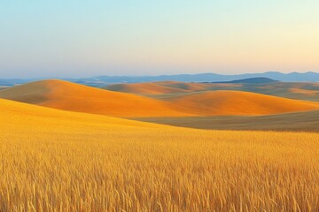 Obraz premium A detailed close-up panoramic view of golden wheat fields gently swaying in the breeze under a clear azure sky during a vibrant sunset. Warm sunlight casts a golden glow over the landscape.