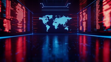 A sleek, futuristic news studio with digital displays of world maps and real-time news tickers surrounding the set