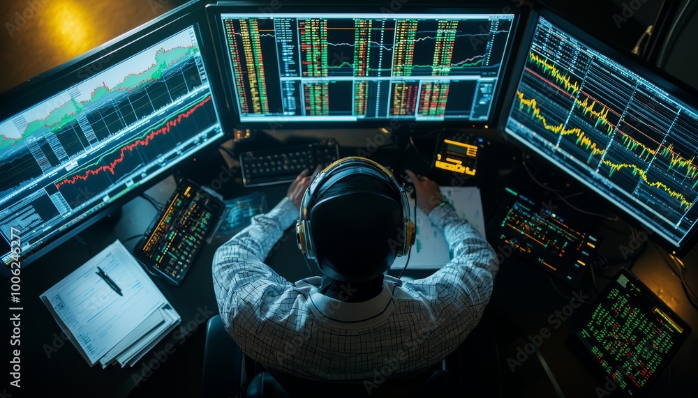 Poster a top-down view of a robot managing multiple screens showing stock charts and global investment port