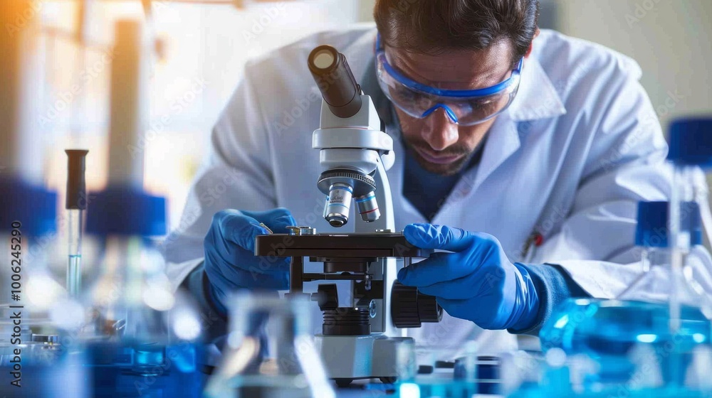 Poster A man in a lab coat is looking through a microscope