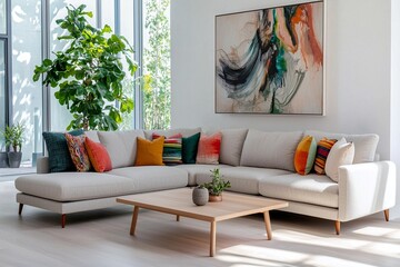 A modern mid-century modern interior photo of a residential living room with an art frame hanging and sofa and multicolored cushions and tables. Generative AI
