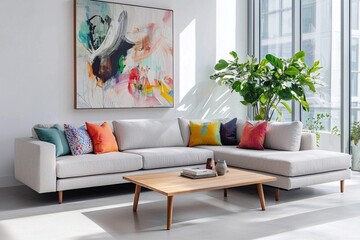 A modern mid-century modern interior photo of a residential living room with an art frame hanging and sofa and multicolored cushions and tables. Generative AI
