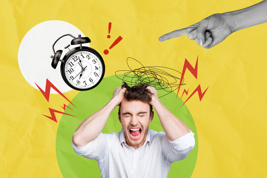 Creative collage picture young stressed irritated man trouble alarm clock deadline miss arrangement appointment overloaded employee
