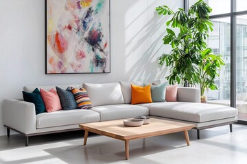A modern mid-century modern interior photo of a residential living room with an art frame hanging and sofa and multicolored cushions and tables. Generative AI

