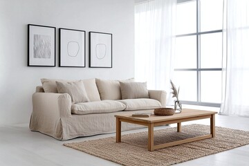 Fototapeta premium Scandinavian interiors in a modern living room with white walls hanging with art frames and white sofas and beige wood tables. Generative AI 