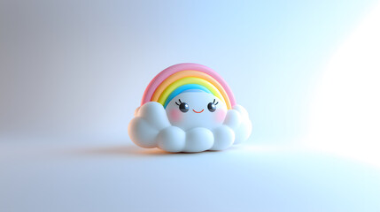 A fluffy 3D cloud with a big smile, holding a rainbow, pastel colors highlighting the nice-weather theme.






