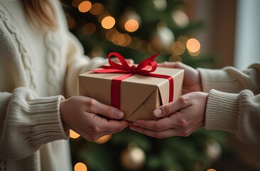 Close-up of the hands of a woman giving a Christmas gift to a man. the concept of a New Year's gift. Giving gifts during the Christmas, Happy New Year