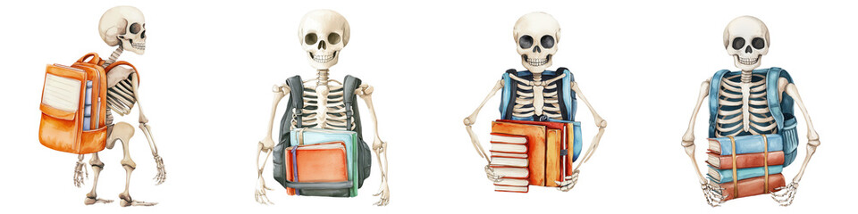 Creative skeleton characters with backpacks, white isolated background.