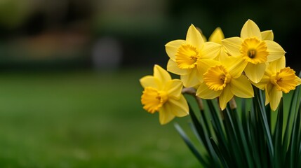 Fototapeta premium A cluster of vibrant yellow daffodils stands out against soft green foliage, capturing the essence of springtime with room for text on the left