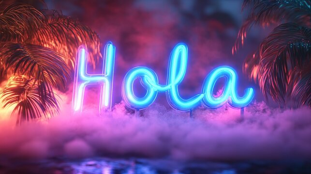 Neon hola sign glowing in tropical environment at night