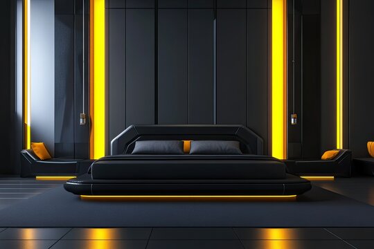 luxury black bed in futuristic hotel room with sleek furniture featuring grey and yellow palette 