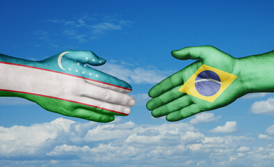 Brazil and Uzbekistan country handshaking with flags, consensus concept international co-operation illustration