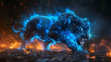 Angry jaguar with open mouth and fiery mane, Glowing eyes, jumping, blue fire flames and sand at night background. Intense Black Panther with Fierce Glowing Eyes in Blue Fiery Ambience