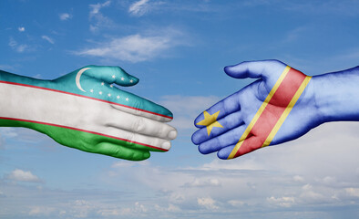 Congo-Kinshasa and Uzbekistan country handshaking with flags, consensus concept international co-operation
