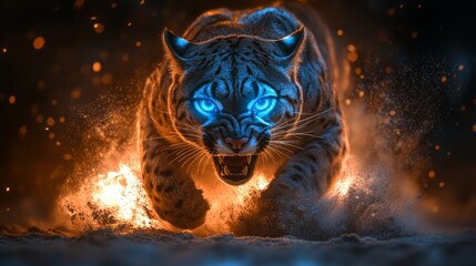 Angry jaguar with open mouth and fiery mane, Glowing eyes, jumping, blue fire flames and sand at night background. Intense Black Panther with Fierce Glowing Eyes in Blue Fiery Ambience