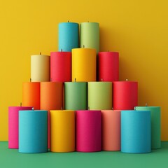 Colorful stacked candles on a vibrant background, perfect for decoration or relaxation.