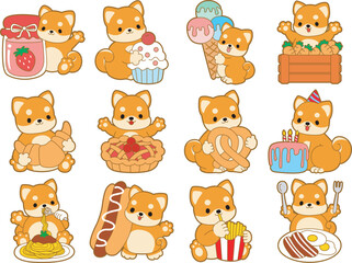 Cute puppy kawaii dog lovely animal vector icon. Fluffy Shiba Inu pet stickers. Happy doggy activities illustrations.