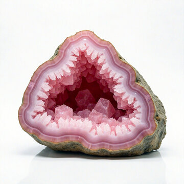 Pink geode with cubic crystal formations in the center