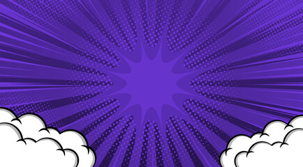 Comic Pop art purple background with clouds. Cute retro stripes pattern. Vector halftone illustration. For comic superhero text, speech bubble, message © DennyDesign