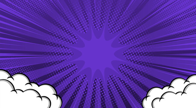 Comic Pop art purple background with clouds. Cute retro stripes pattern. Vector halftone illustration. For comic superhero text, speech bubble, message