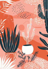 Pink pastel simple boho poster with foliage line art drawn and abstract shapes. Flat illustration style.