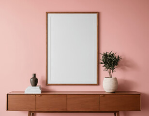 Mock up frame hanging on a pink wall with minimal decoration