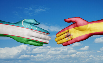 Spain and Uzbekistan country handshaking with flags, consensus concept international co-operation illustration