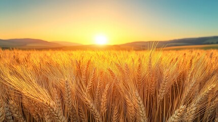A detailed close-up panoramic view of golden wheat fields gently swaying in the breeze under a clear azure sky during a vibrant sunset. Warm sunlight casts a golden glow over the landscape.