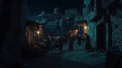 photo of a busy inn in bibilical Bethlehem with as Mary and Joseph search for a place to stay
