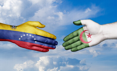 Venezuela and Algeria country handshaking with flags, consensus concept international co-operation illustration
